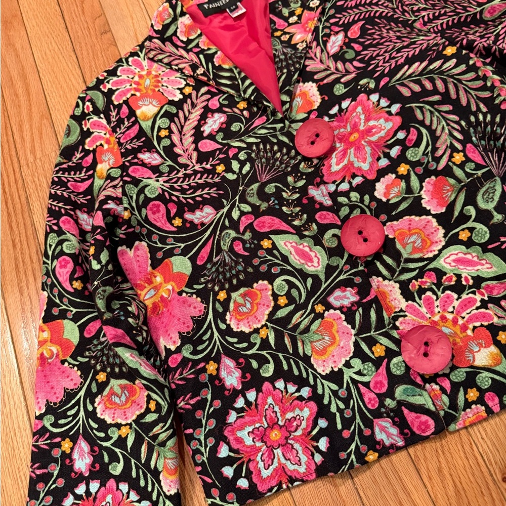 Vibrant Floral Blazer Pink & Green Accents linen blend Size M